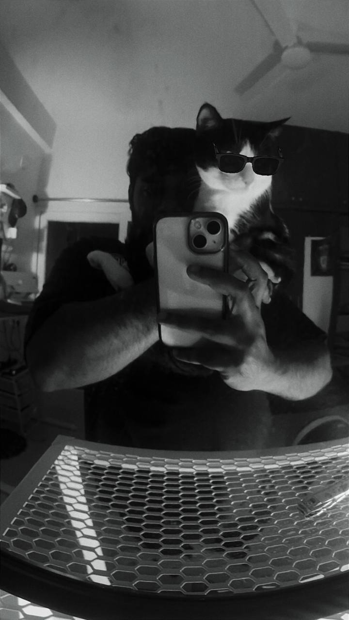 Black-and-white mirror selfie with a cat wearing sunglasses