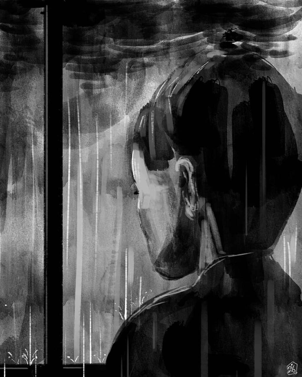 Black-and-white portrait drawing of a person seen through a rain-streaked window