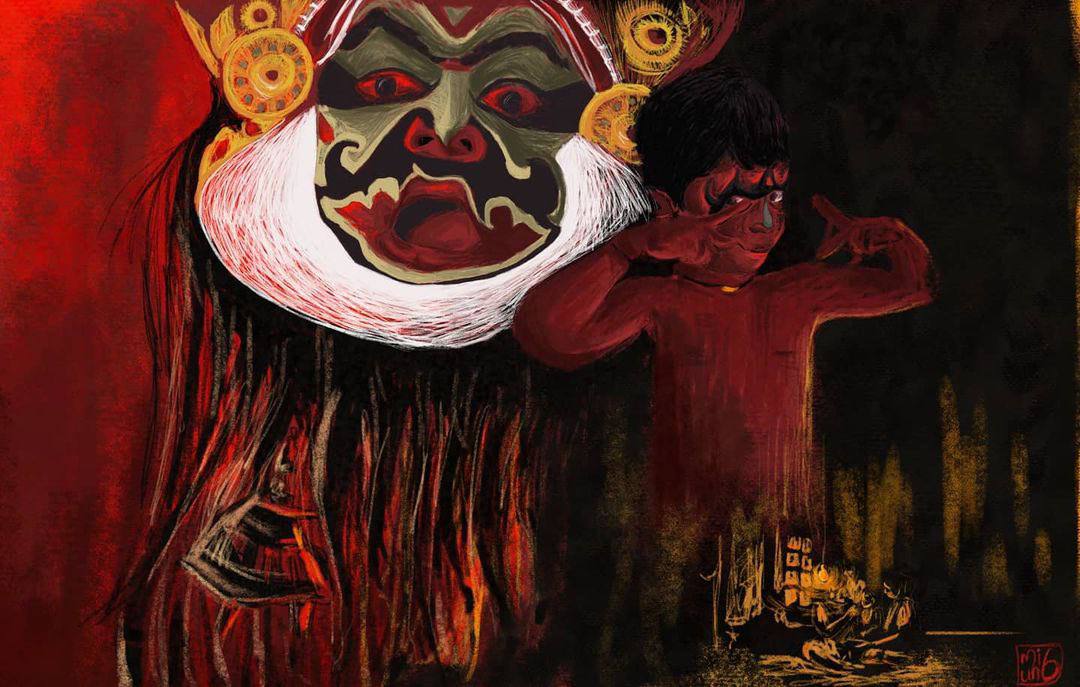 Red, black, and gold painting of a masked ritual figure and a person