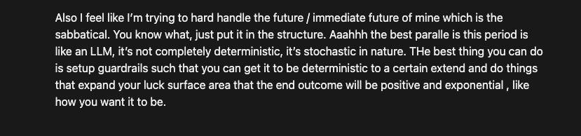 Screenshot of a reflection about approaching a sabbatical as a stochastic process and setting guardrails that expand the luck surface area