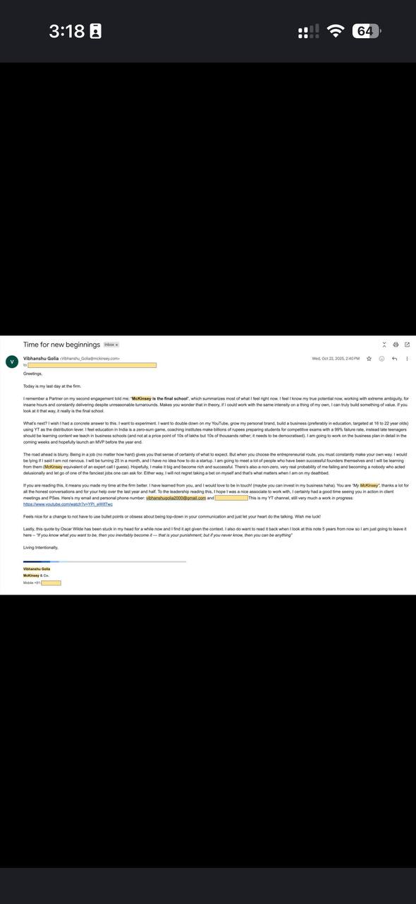 Phone screenshot of an email titled Time for new beginnings