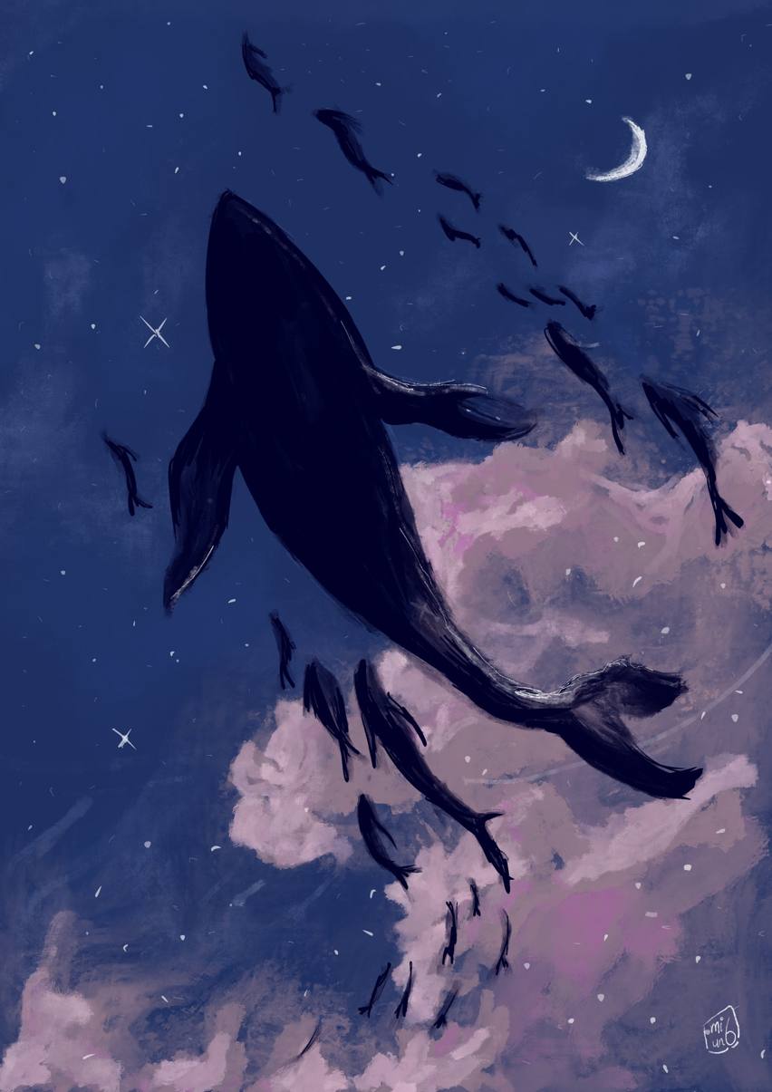 Blue whale drawing beneath a crescent moon and pink clouds